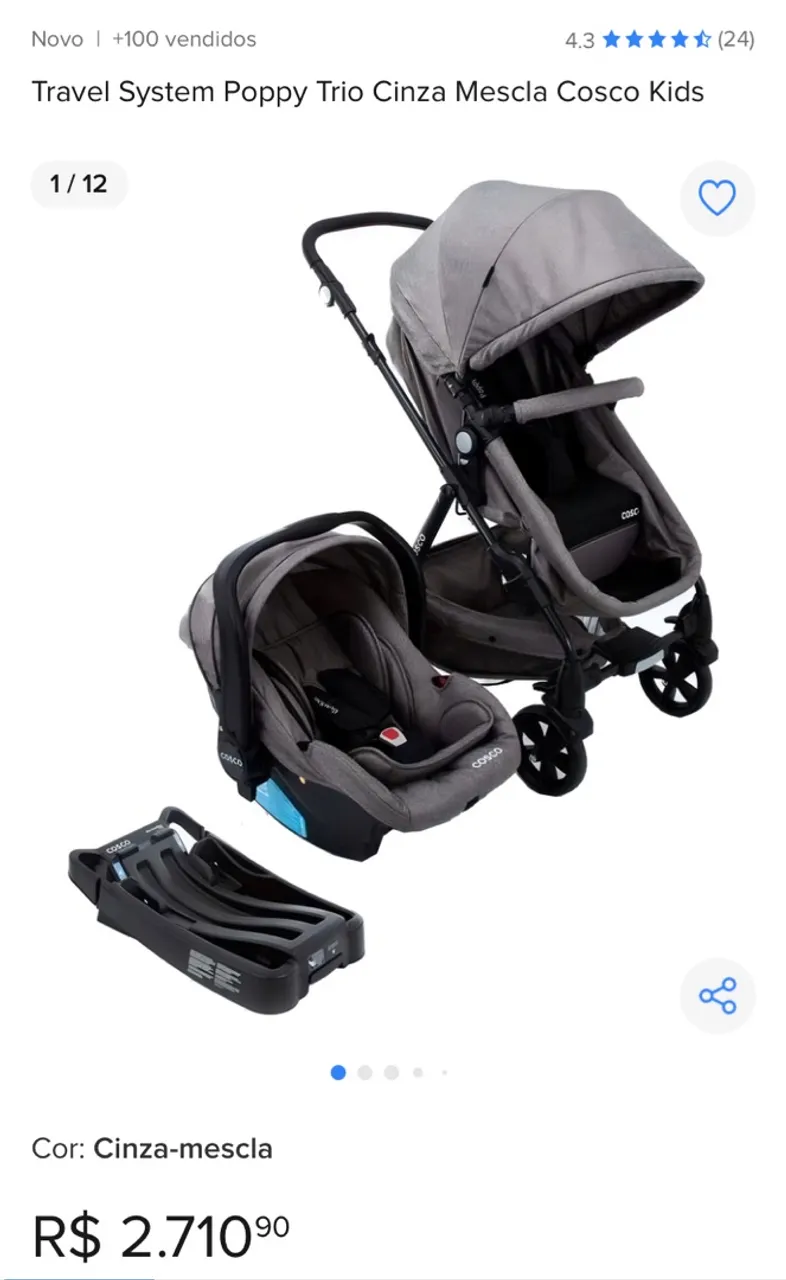 Carrinho de bebê Travel System Poppy Trio Cosco Cinza