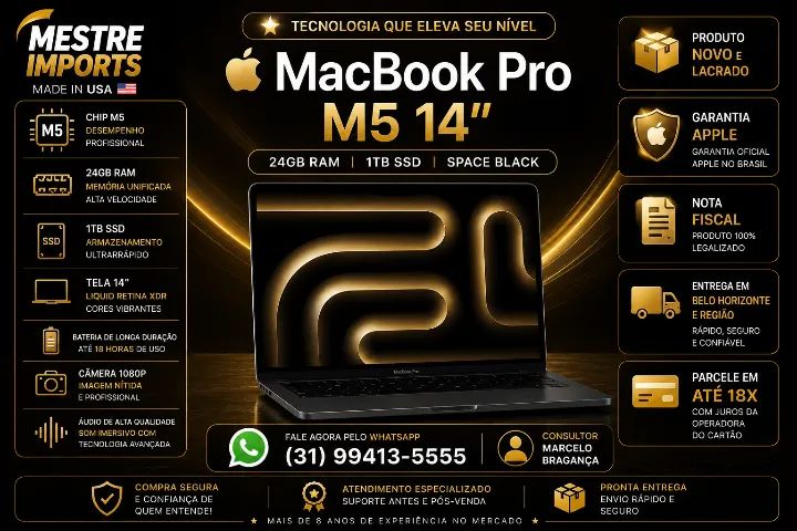 MacBook Pro M5 14 polegadas 24GB RAM 1TB SSD Space Black Novo Lacrado Nota Fiscal