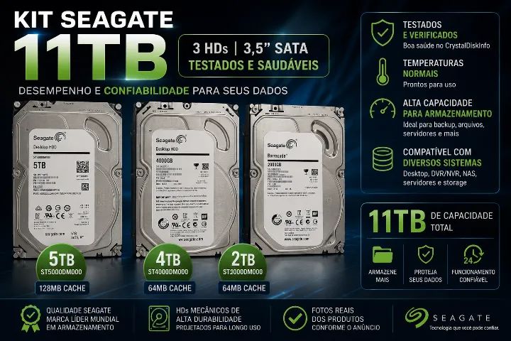 Kit Seagate 11TB - HDs 5TB + 4TB + 2TB - SATA