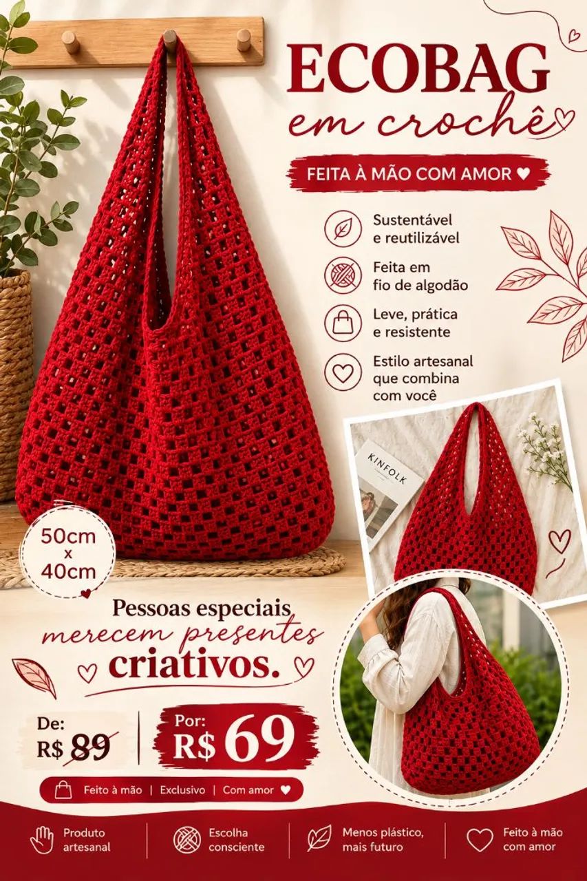 Bolsa de crochê Ecobag vermelha