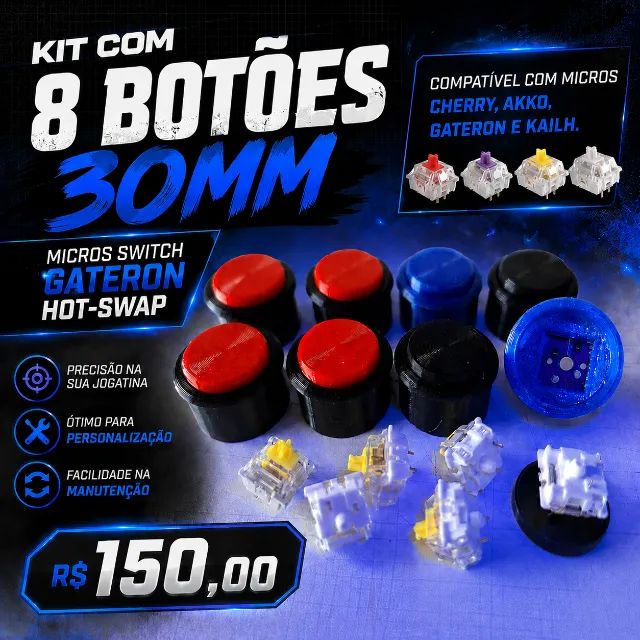Kit com 8 Botões 30mm Micros Switch-Hot Swap para Arcades