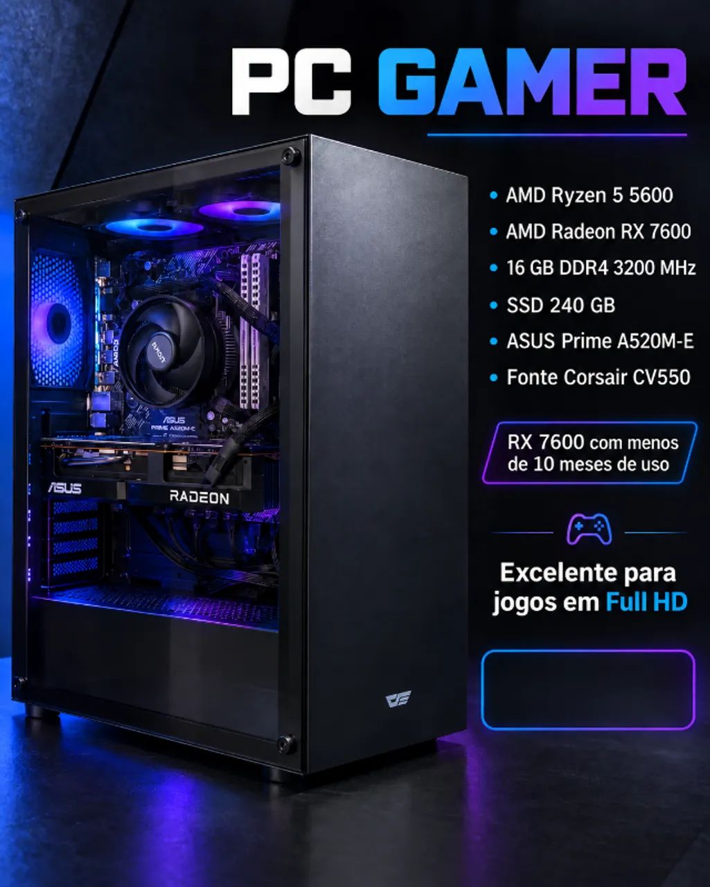 COMPUTADOR  GAMER - PC GAMER - RYZEN 5 5600 + RX 7600 
