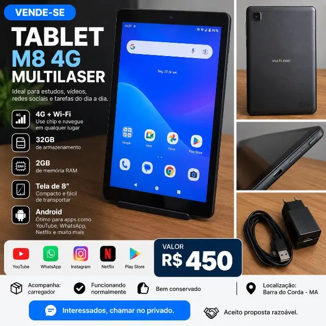 ? TABLET M8 4G MULTILASER ? 32GB  ? R$ 450  Tablet Multilaser M8 4G, ótimo para estudos,