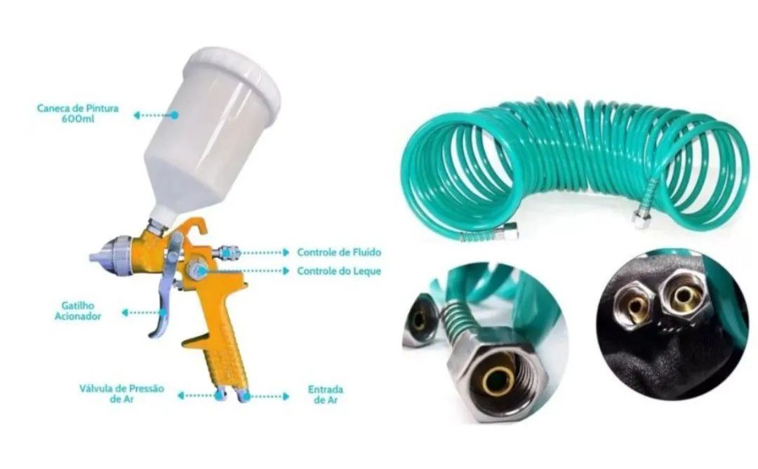 KIT PISTOLA DE PINTURA GRAVIDADE CANECA PLÁSTICA 600ML E MANGUEIRA 10M ASPIRAL 2