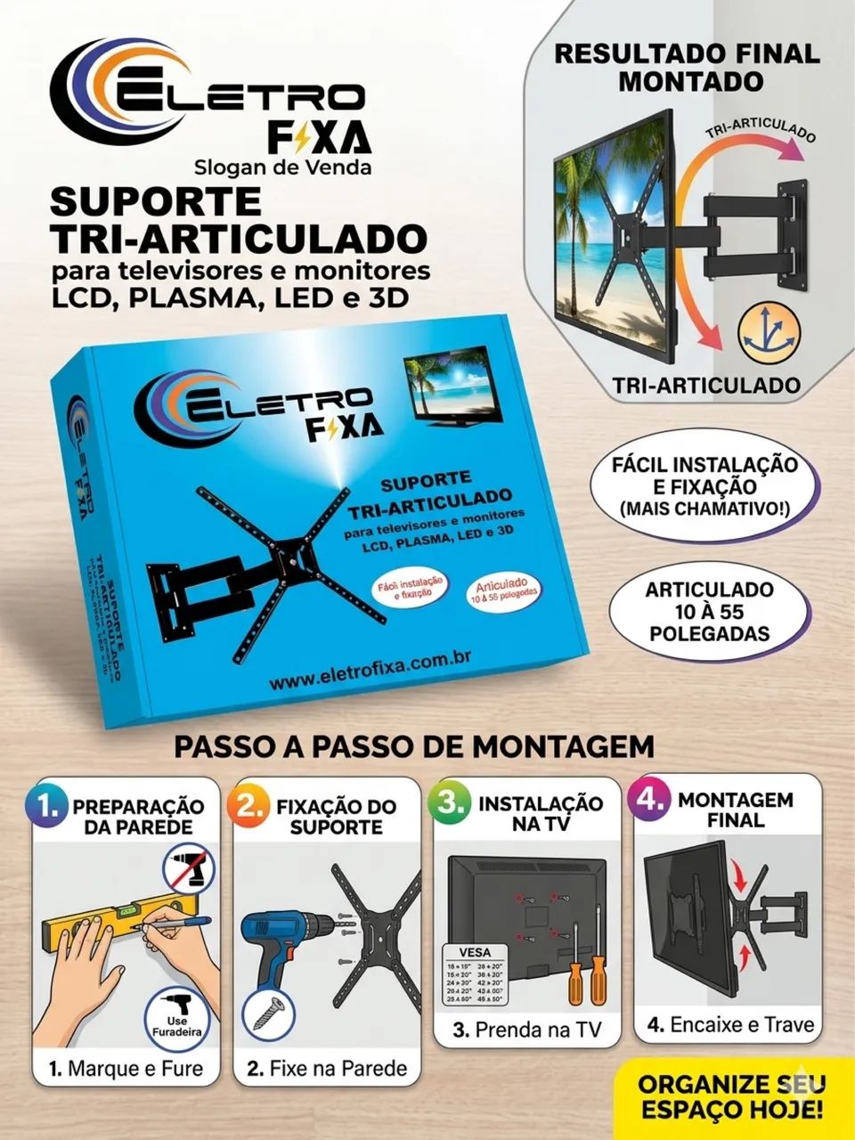 Suporte Eletrofixa Tri-articulado P/10 a 55 polegadas 