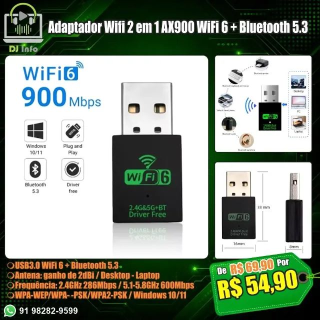 Adaptador Wifi 2 em 1 AX900 WiFi 6 + Bluetooth 5.3