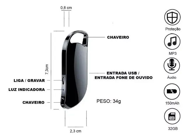 Mini Gravador Voz Som Chaveiro Micro Escuta 32g - Foto 3