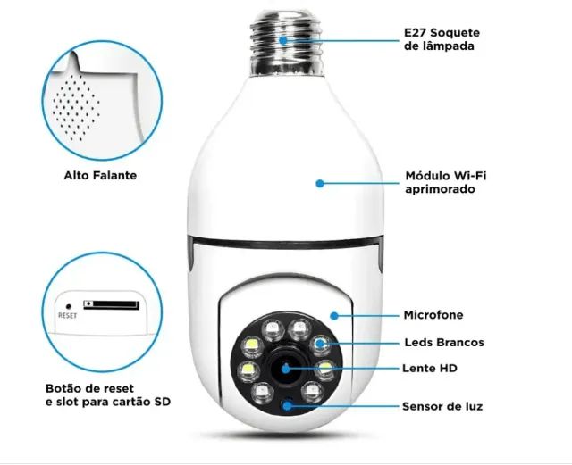Camera De Segurança Wifi Ip 360 Soquete Branco 