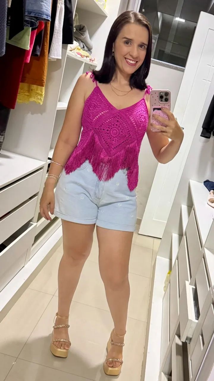 Cropped de Crochê Feminino Pink com Franjas - Foto 3