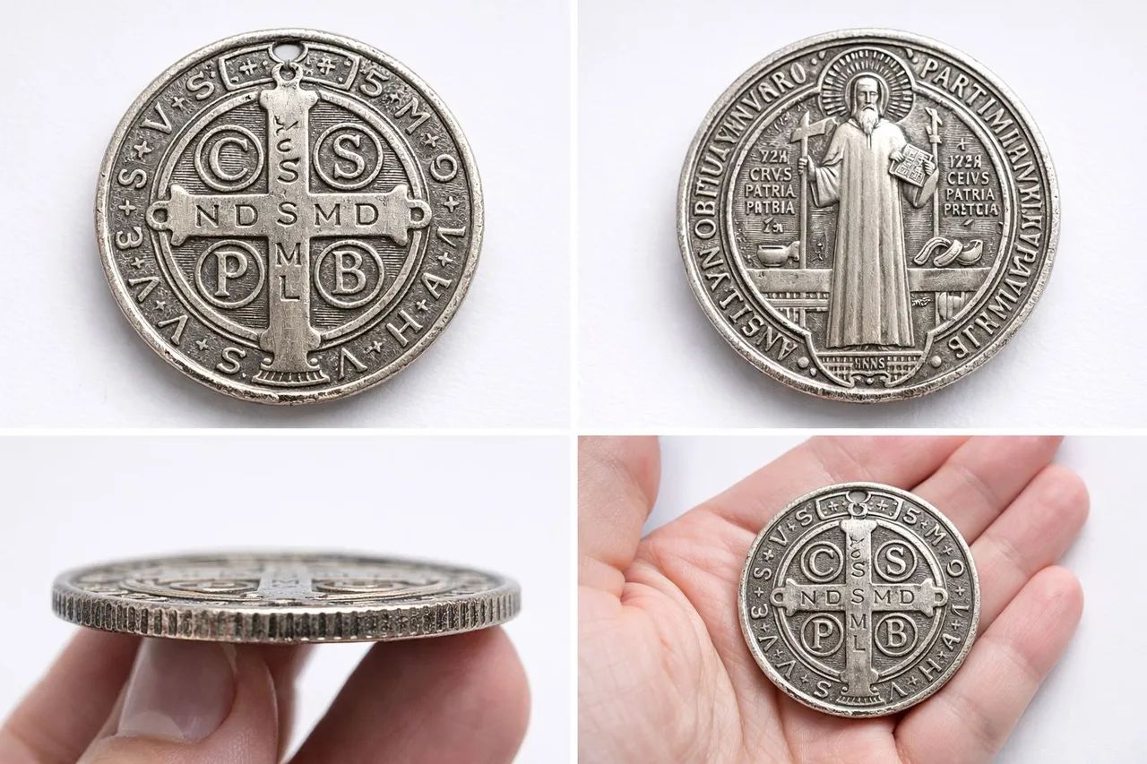 Medalha Antiga de São Bento em Metal - Proteção Espiritual - Colecionável