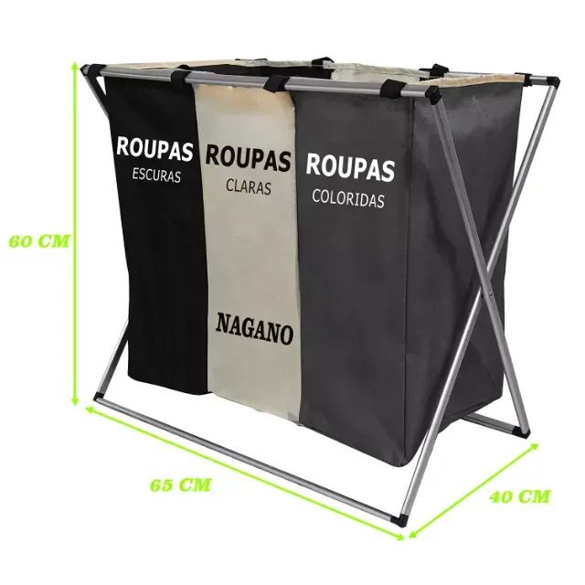 Cesto De Roupa Suja Organizador 3 Divisórias Dobrável - 65 x 40 x 60cm - E035994 - Foto 3
