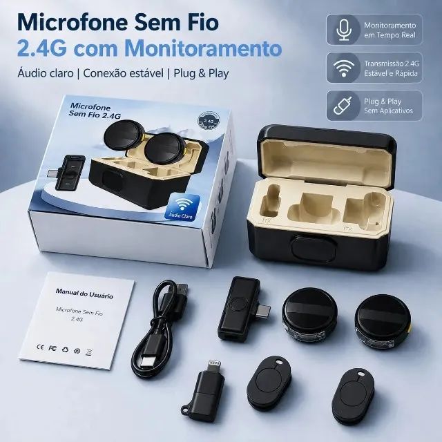 Microfone De Lapela Sem Fio Magnético Para iPhone ou Android Preto 20m - Foto 4