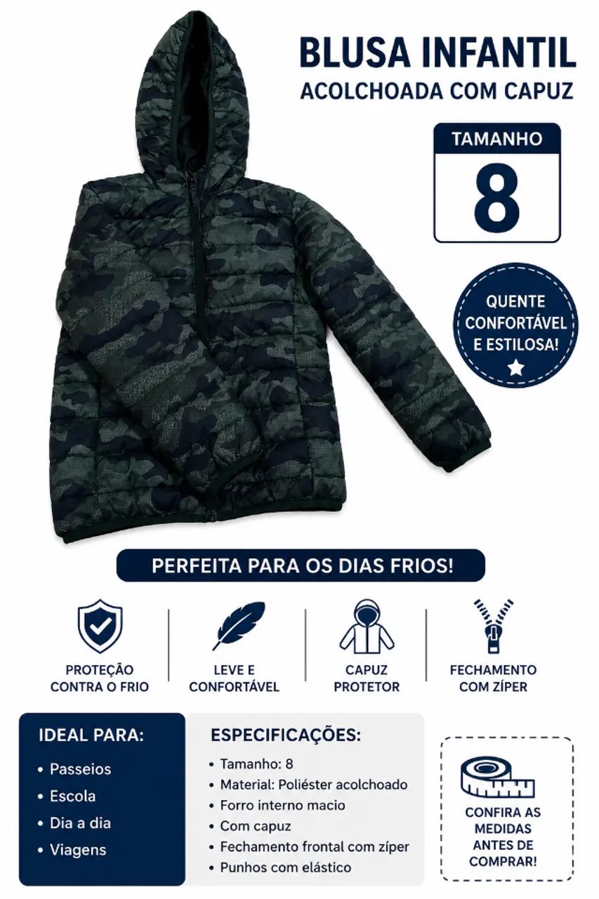 Blusa Infantil Acolchoada Camuflada com Capuz - Tamanho 8 - Foto 2