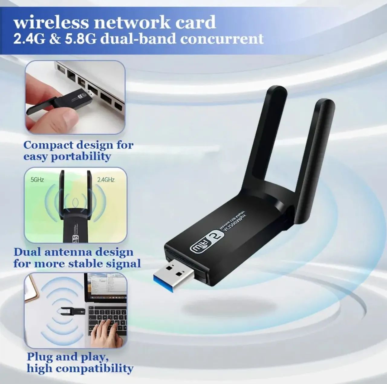 Adaptador Wifi Para Pc Usb 5ghz Dual<br>Band 1300mbps Com Anten - Foto 2