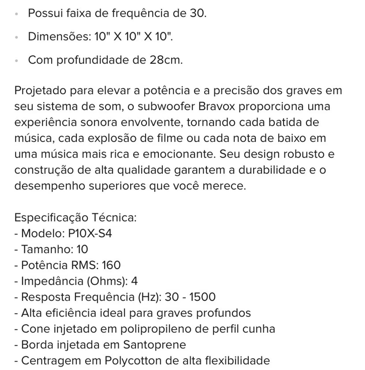 Subwoofer alto falante Bravox P10x-s4 10 Polegadas 160Rms - Foto 5