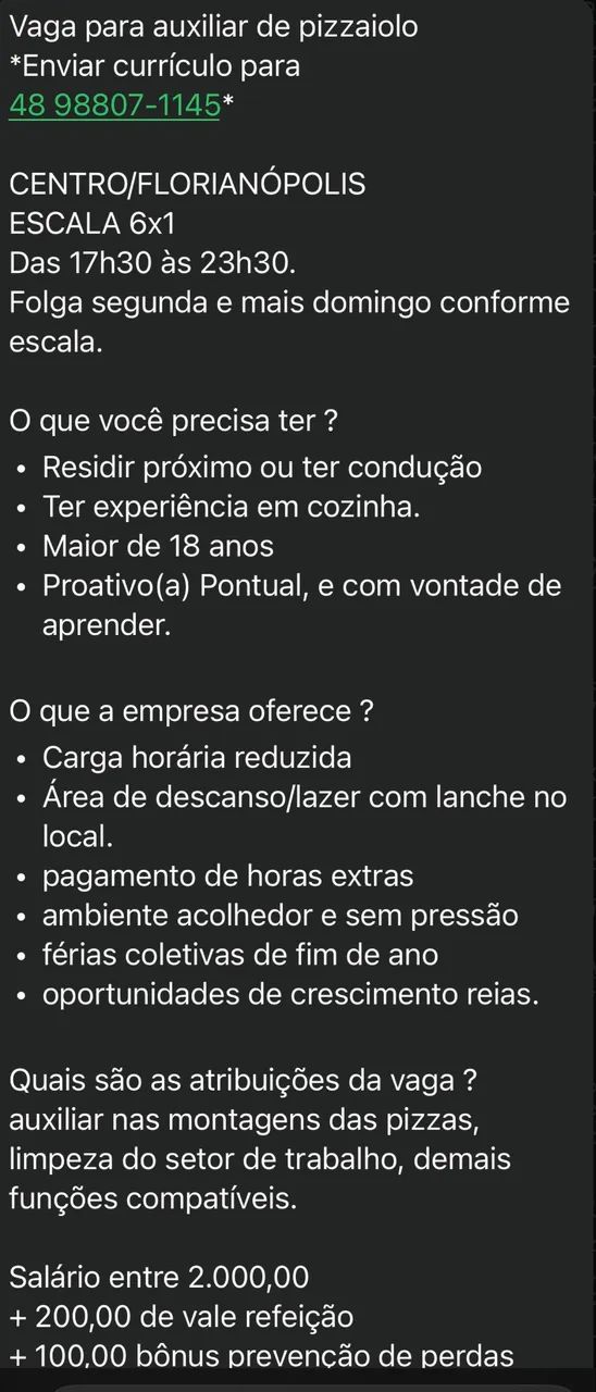 Vaga para auxiliar de pizzaiolo 