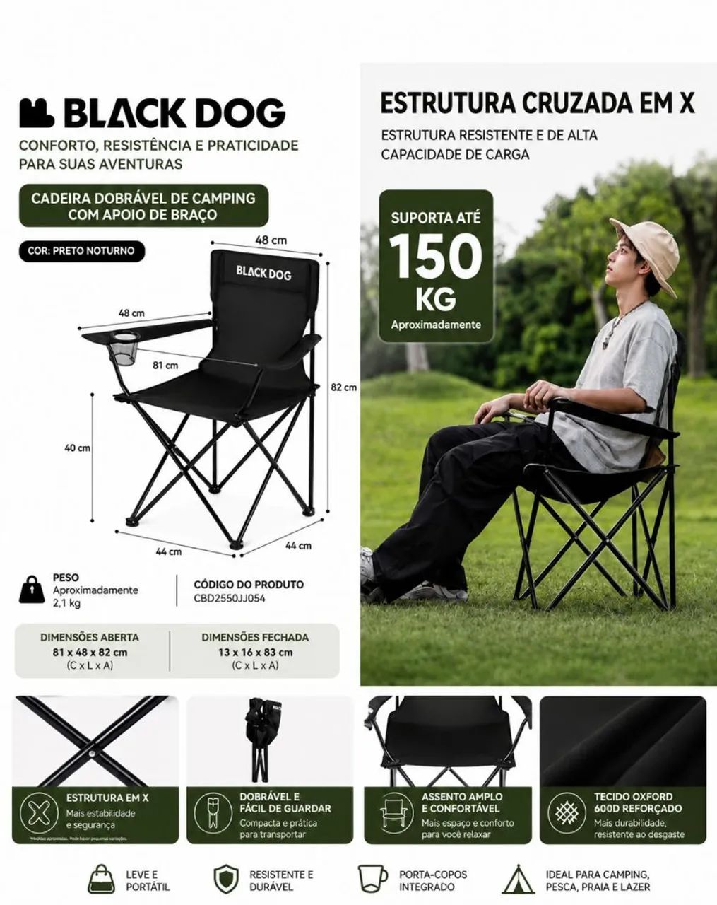 Cadeira Dobrável Black Dog Camping Reforçada até 150kg com Porta