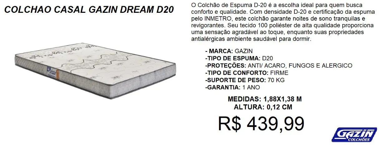 Colchão casal D20 Excelência em conforto