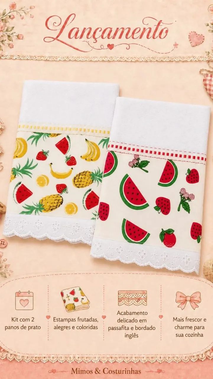Kit 2 Panos de Prato Decorados | Pimentas| Bordado Inglês - Foto 2
