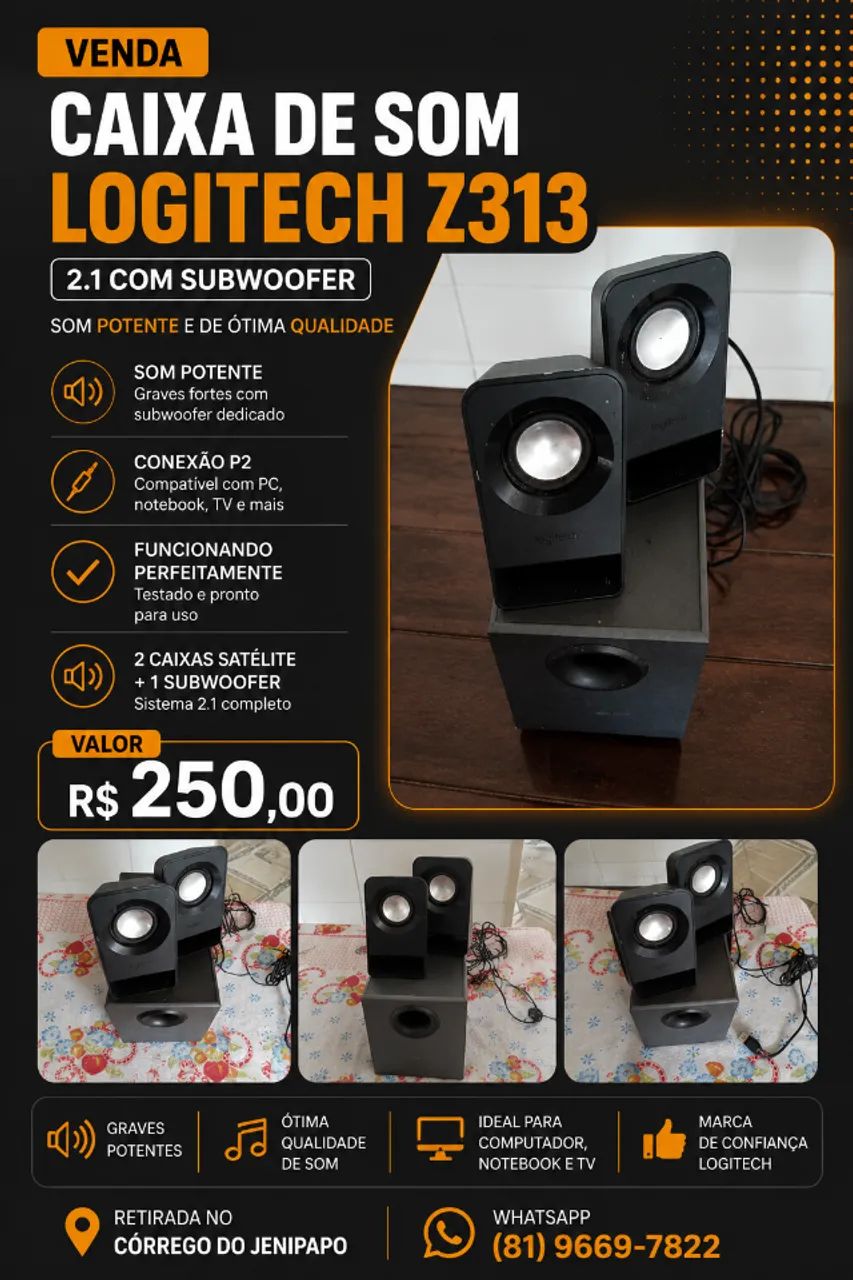 Caixa de Som Logitech Z313 2.1 com Subwoofer - Funcionando Perfeitamente
