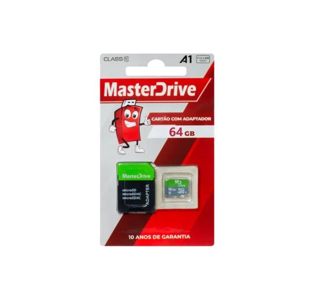 CARTÃO DE MEMORIA 64 GB MICRO SD COM ADAPTADOR SD CLASSE 10 MASTER DRIVE