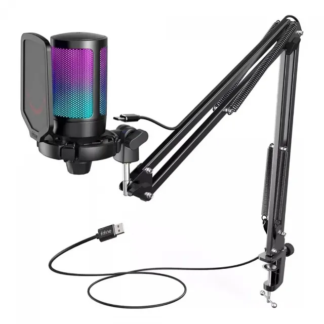 Microfone Gamer Fifine Ampligame A6T, RGB, USB, Black, Com Braço Articulado, 12x 27,56