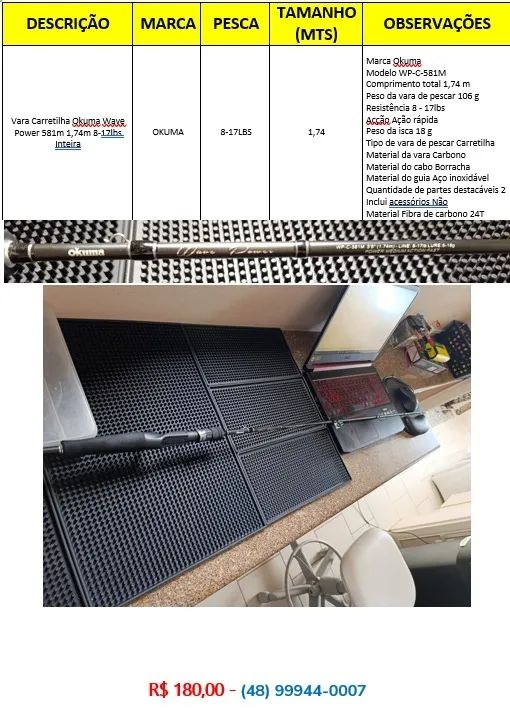 Vara Carretilha Okuma Wave Power 581m 1,74m 8-17lbs Inteira