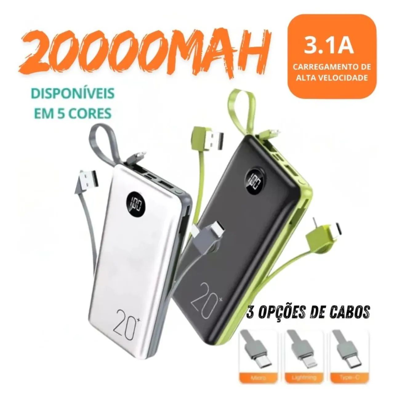 Carregador Portátil 20000mAh 3.1A com 3 Opções de Cabo para celular - powerbank