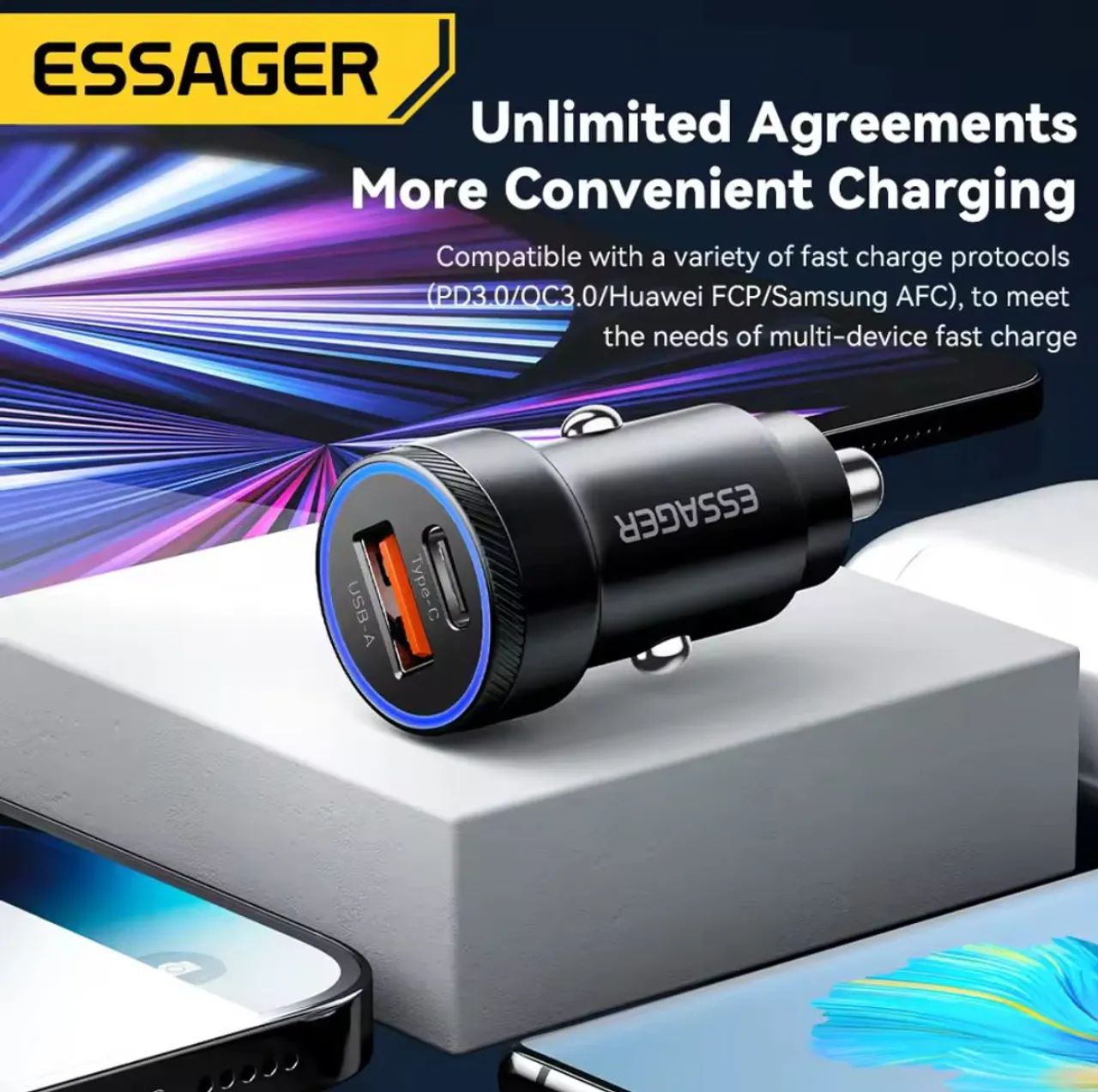 Carregador Veicular 54W ESSAGER - 3.0 QC SCP AFC  Tipo C e USB - Mini - Foto 4