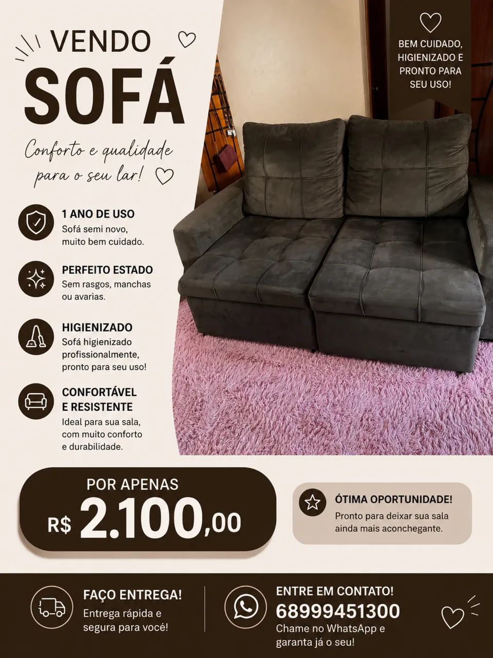 Sofá Semi Novo em Perfeito Estado Brasiléia 
