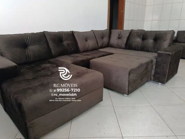 Sofá de canto Grande 3,10m com Chaise e Puff veludo macio D33 Premium | Pronto Para Entreg - Foto 5