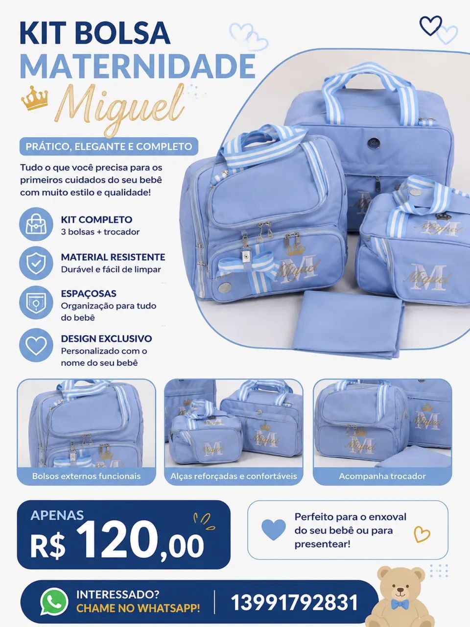 Kit bolsa maternidade com nome miguel 