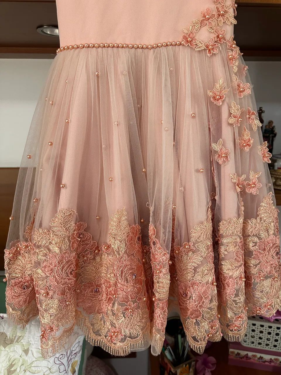 vestido infantil festa rosé com renda e pérolas - Foto 5