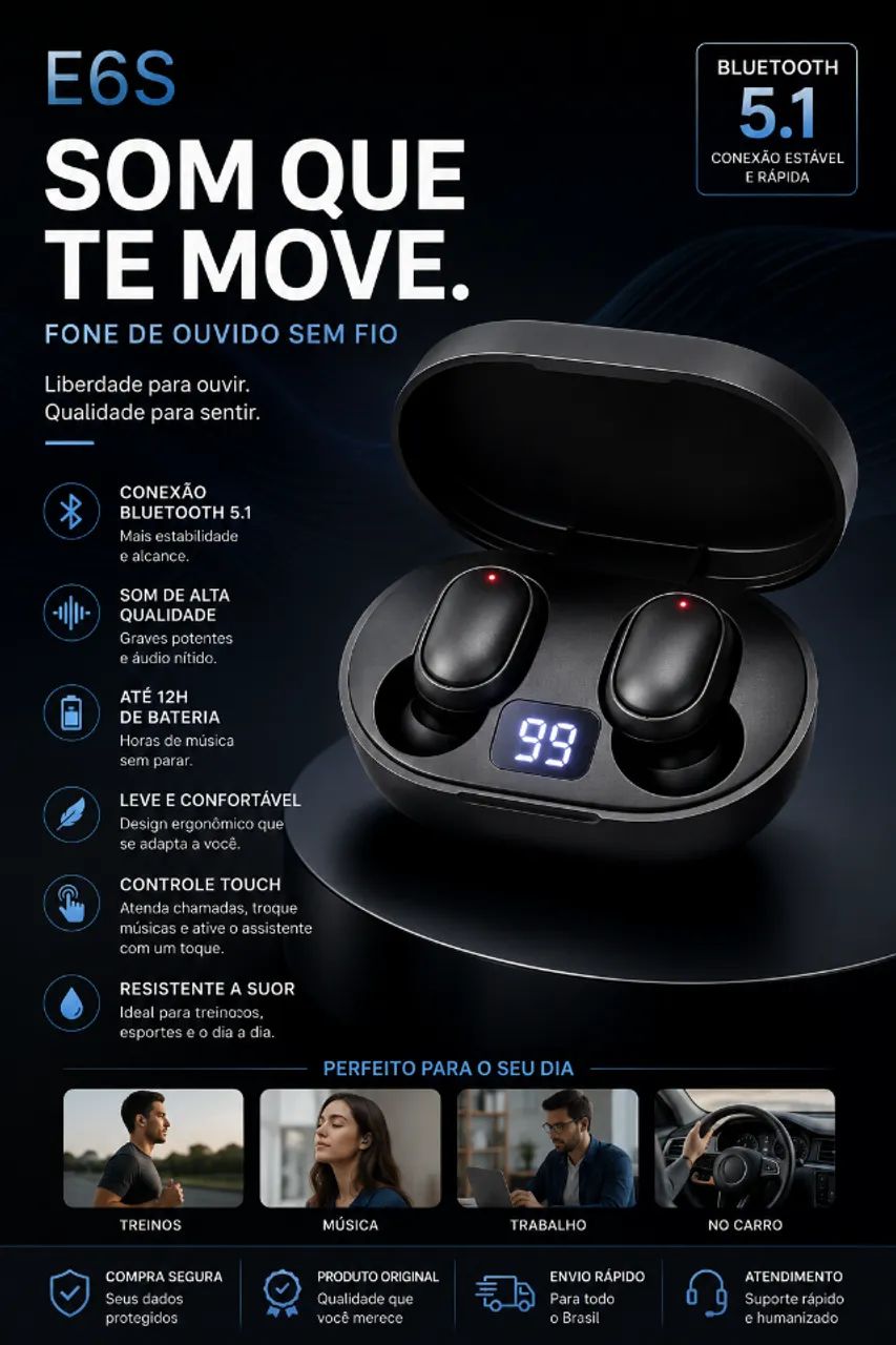 Fone de Ouvido Bluetooth E6S - Som de Qualidade e Liberdade Total - Foto 2