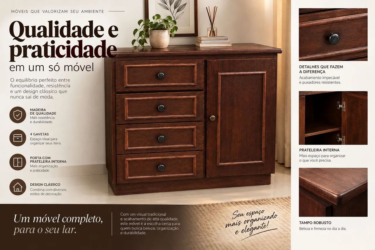 ? Cômoda de Madeira Maciça - 4 Gavetas + Porta