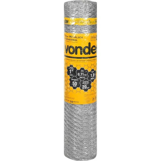 Tela metálica hexagonal, pinteiro, malha 1", 22 BWG x 1,0 m, com 50 m, VONDER 