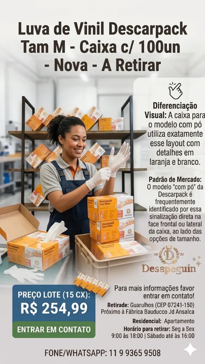 Luva de Vinil Descarpack Tam M - Caixa c/ 100un - Nova - A Retirar