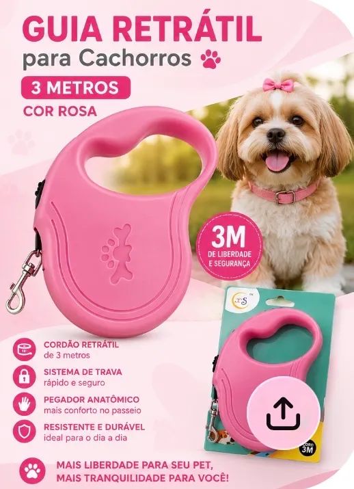 Guia retrátil 3metro para Cães e Gatos