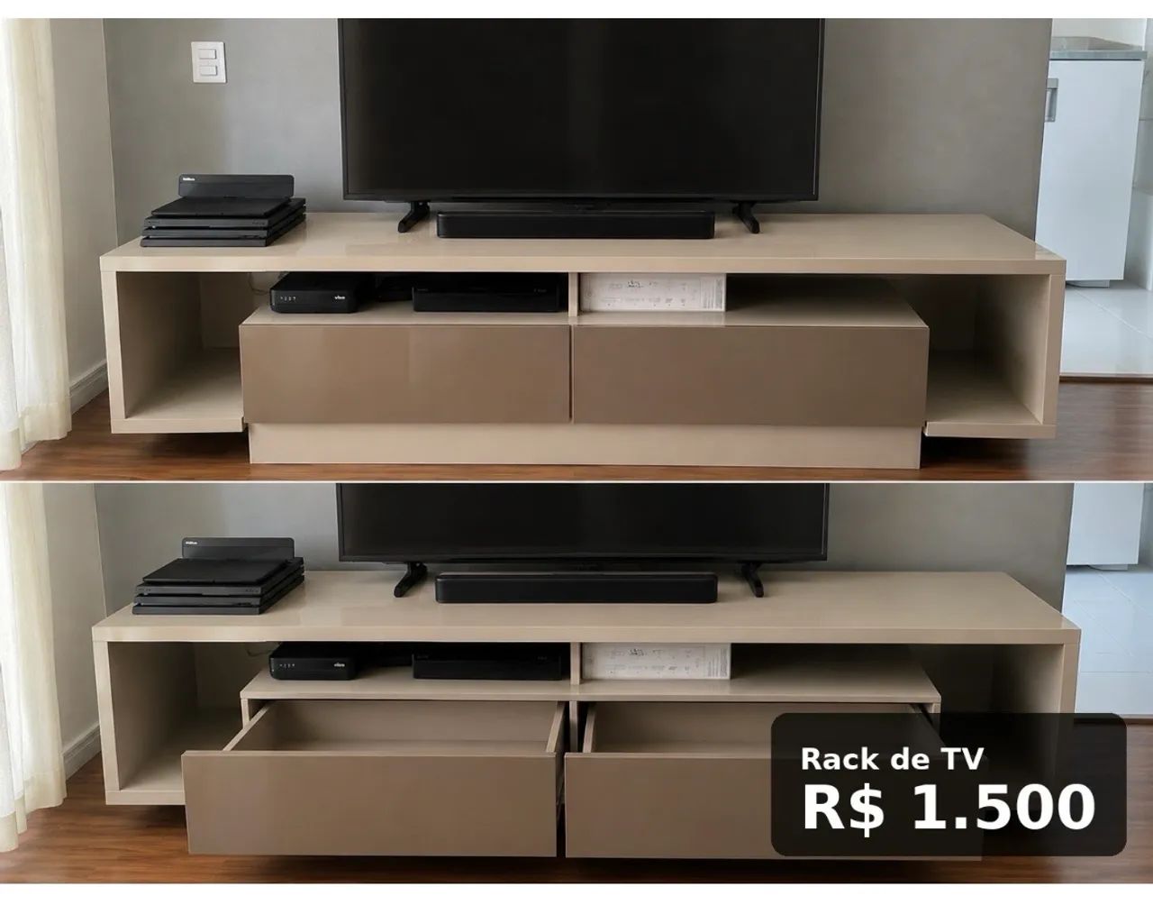 Rack de TV em madeira maciça e laca