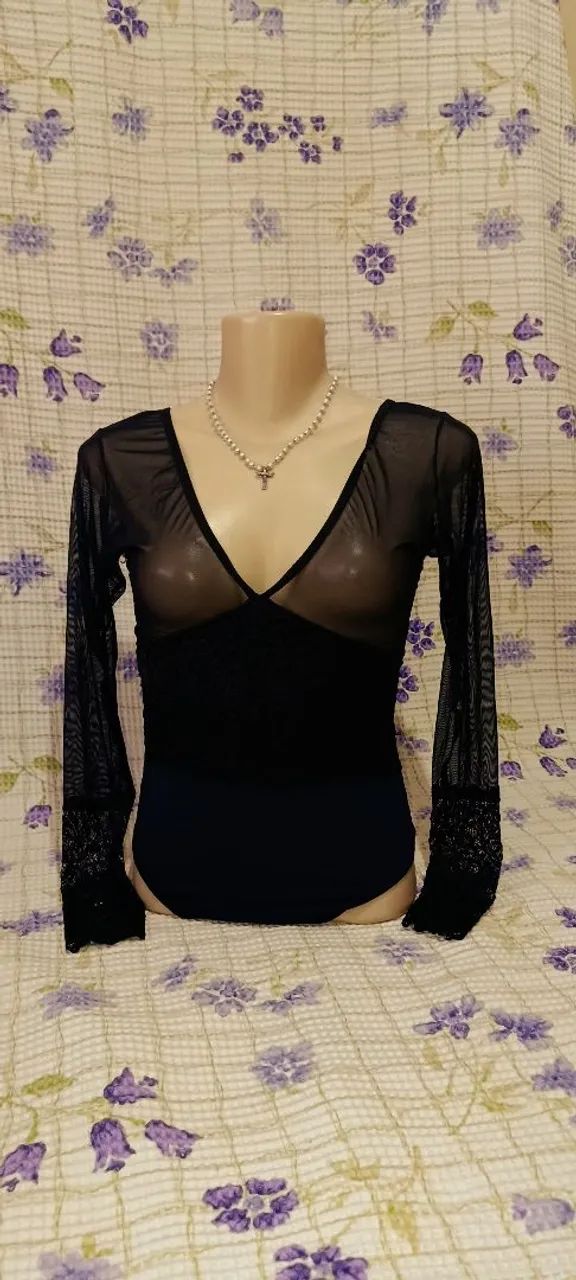 body feminino preto renda e tule p