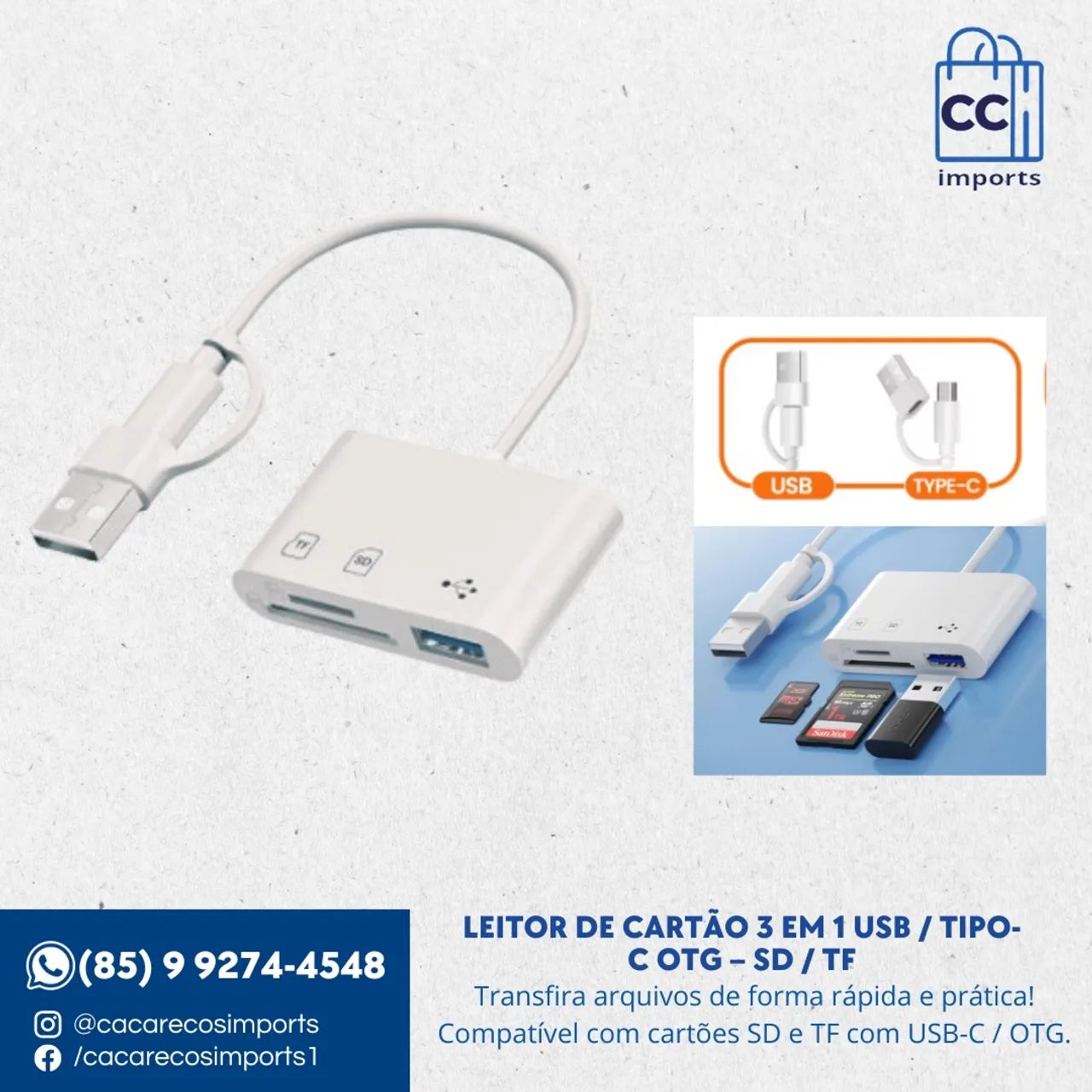 Leitor de Cartão 3 em 1 USB - Tipo-C OTG - SD - TF