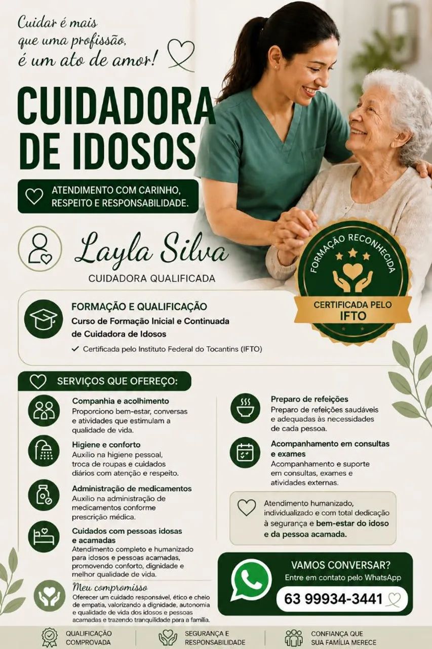 Cuidadora de idosos e acamados 