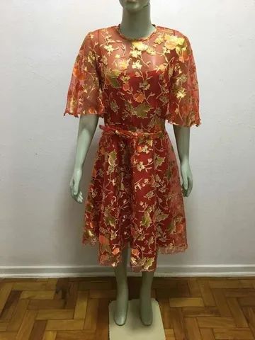 Vestido Alfaiataria Organza Tamanho P Vermelho Estampa Flor