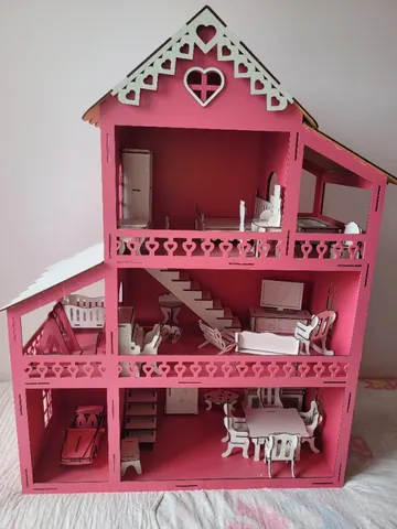 Casa Casinha Da Barbie + Garagem em Mdf Rosa e Branco Com 22