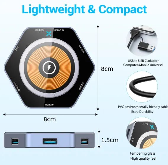 Hub USB-a e USB-C 6 em 1 com Carregamento Wireless  15W - Foto 4