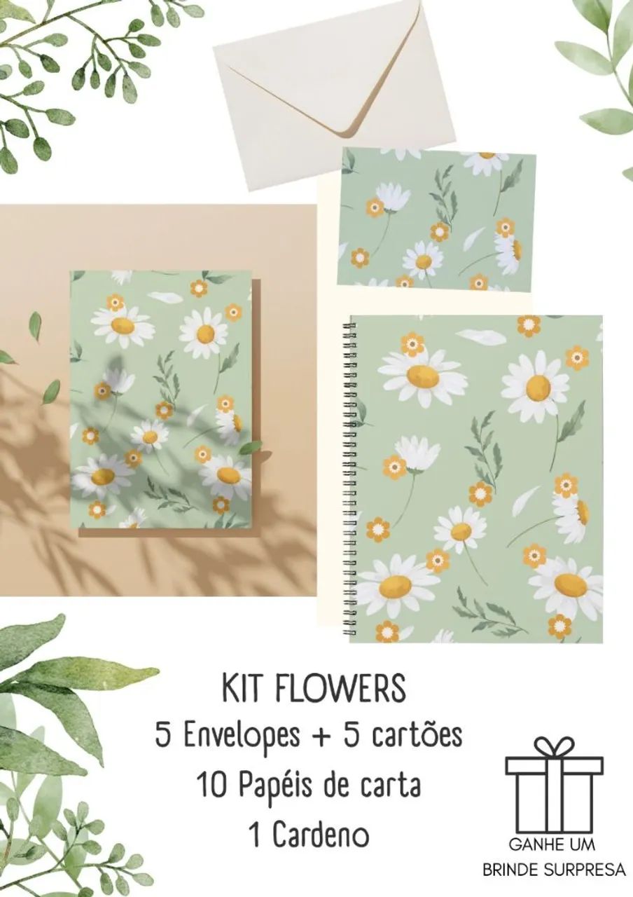 Kit de Papelaria Flores - Envelopes, Cartões, Papéis e Caderno