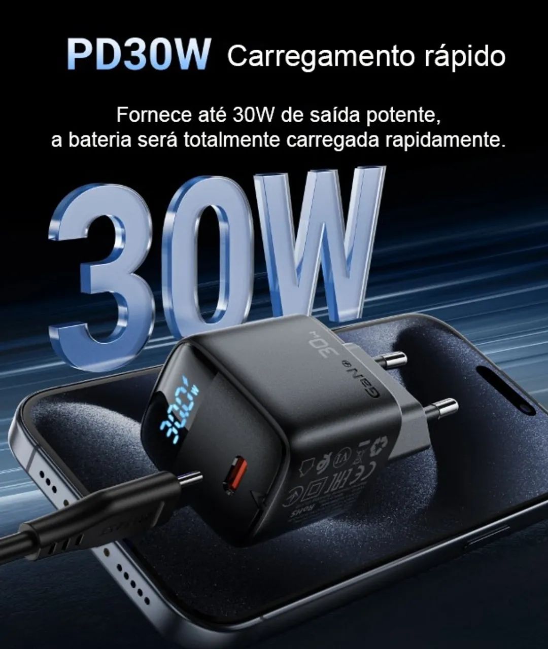 Carregador ACEFAST A115 PD30W GaN USB-C com display digital - Foto 3