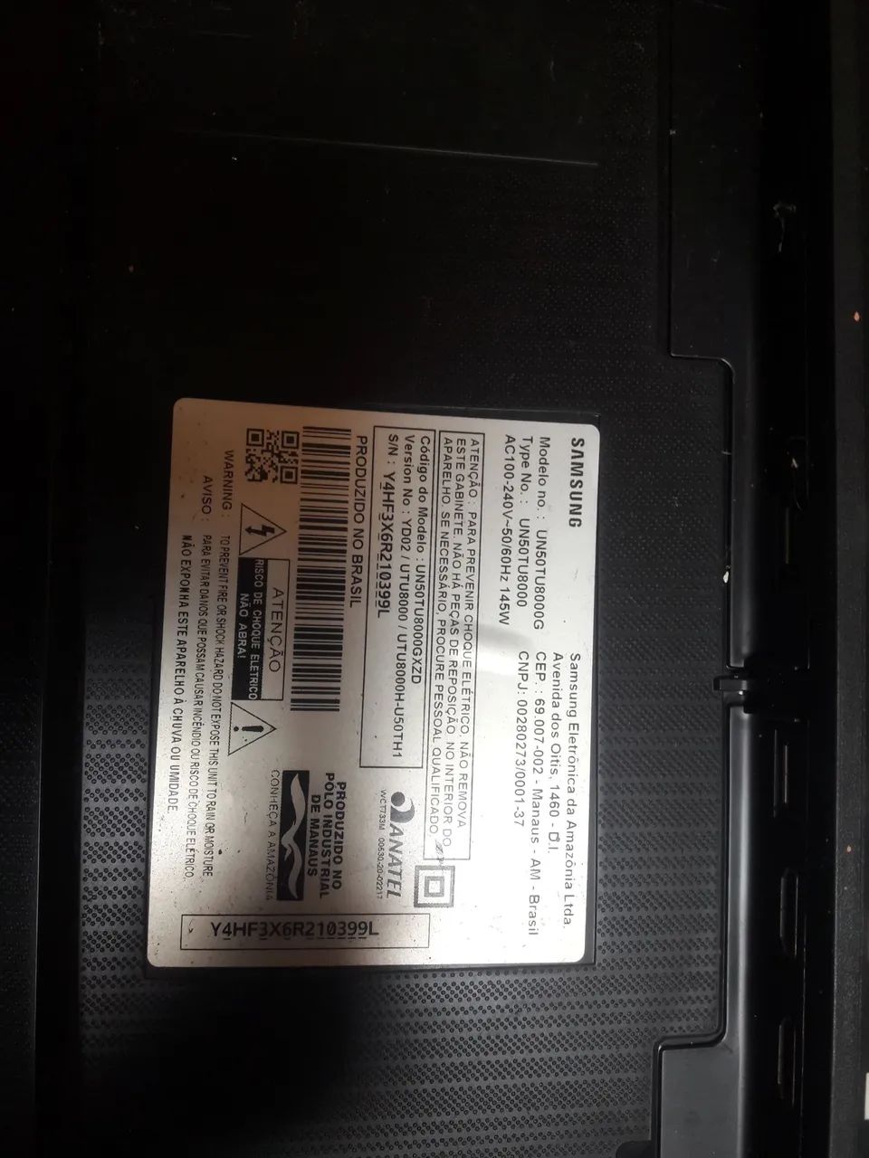 TV Samsung Modelo UN50TU8000G com defeito