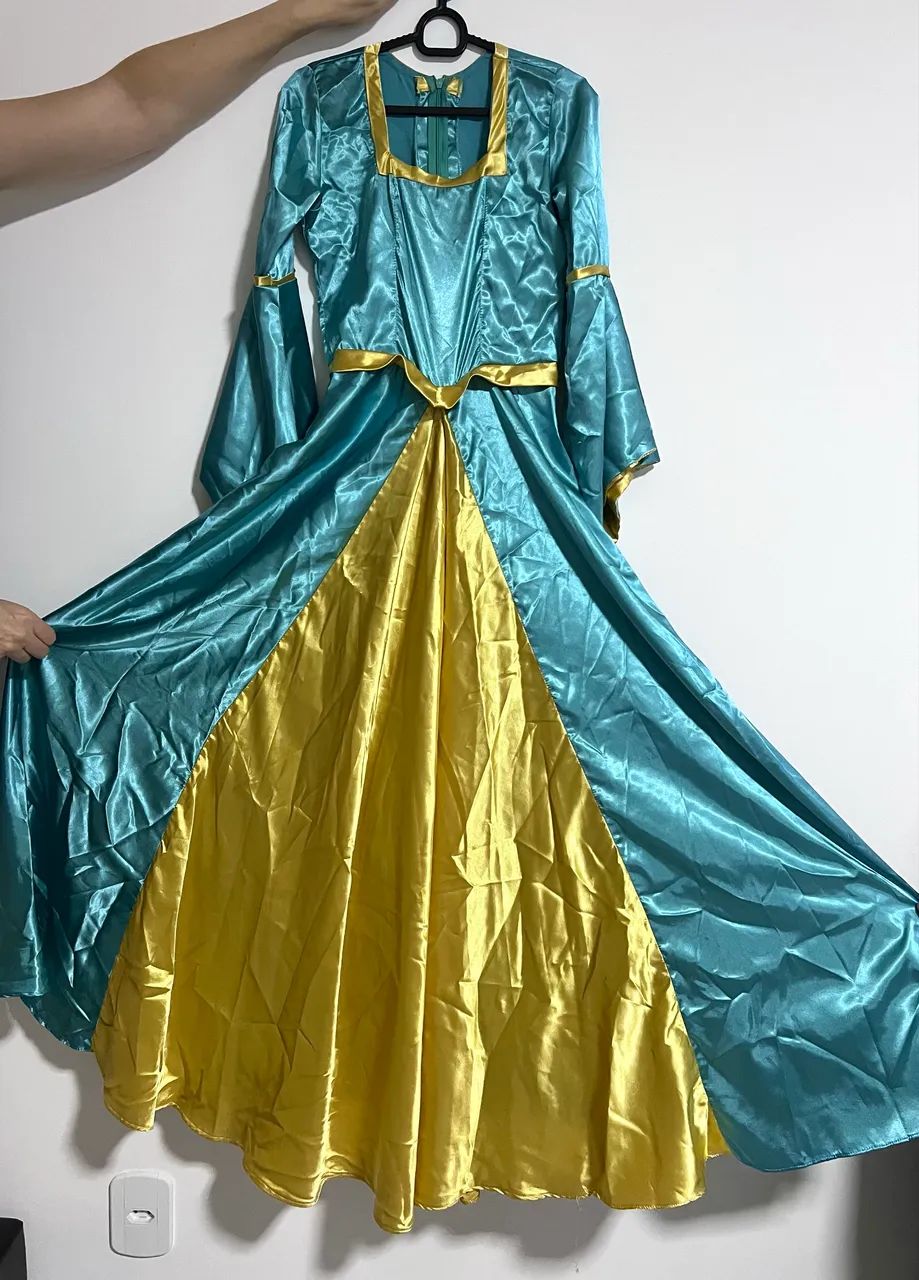 Vestido fantasia princesa cetim infantil PP verde água e dourado  