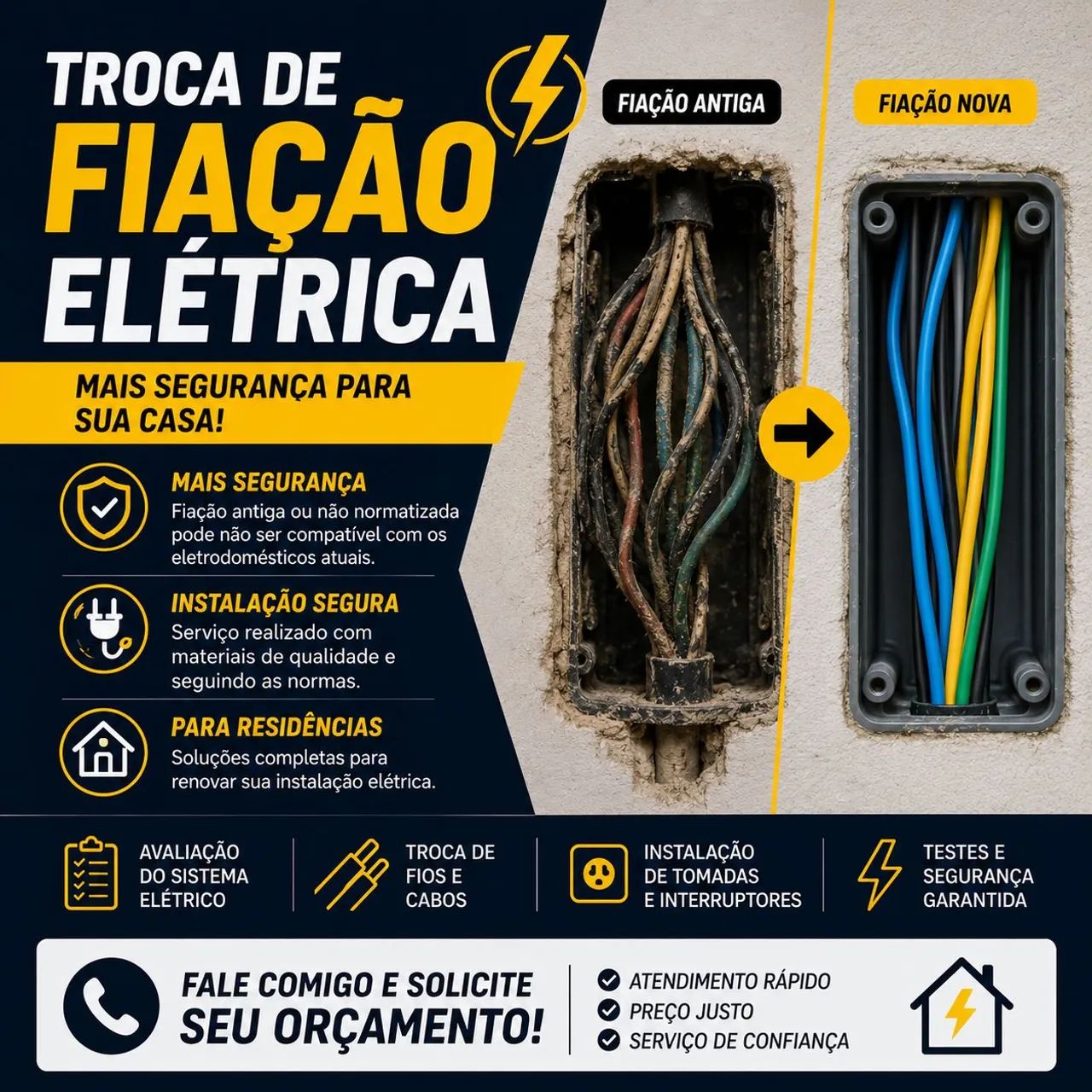 Troca de fiação elétrica e adequação de quadro de luz e força 